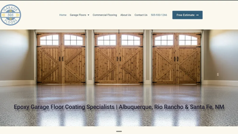 Screenshot of the 505 Garage Floors homepage, a website designed and built by Kingster Local.