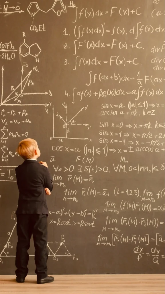 A boy in a suit studying a chalkboard full of equations, a playful nod to the analysis behind Kingster Local's business consulting.
