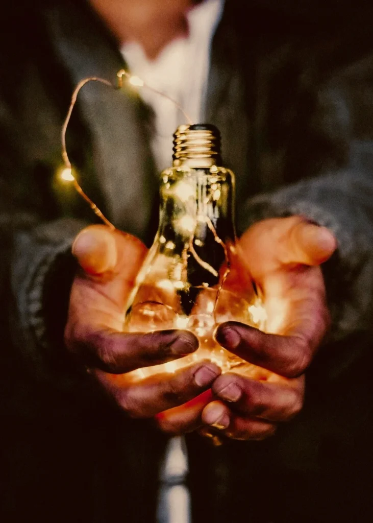 Two cupped hands holding a glowing lightbulb wrapped in string lights, the spark Kingster Local's Jump Starter package is named for.