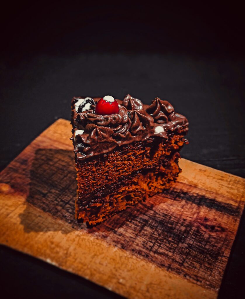 Slice of chocolate cake with a cherry on top, representing a fractional slice of expert help