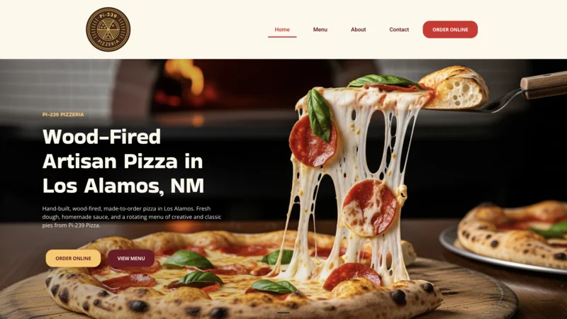 Screenshot of the Pi-239 Pizza homepage, a restaurant website designed and built by Kingster Local.