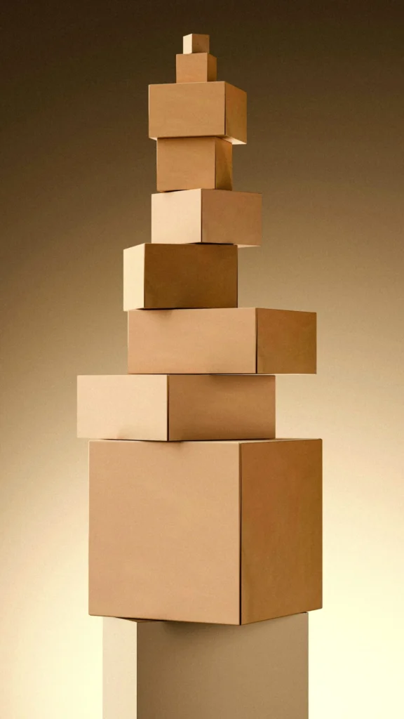 A tall stack of bronze-toned shipping boxes, representing the order fulfillment side of a Kingster Local eCommerce build.