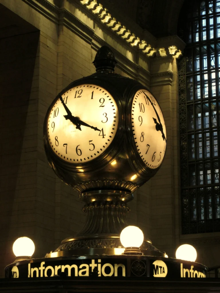 The landmark brass clock above Grand Central Terminal's information booth, a symbol of being easy to find, like local SEO.
